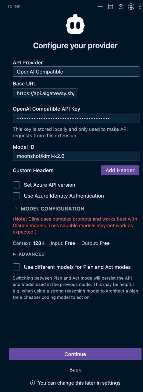 Cline VS Code extension's Configure your provider screen, filled in with the AIgateway base URL and a Kimi K2.6 model ID.